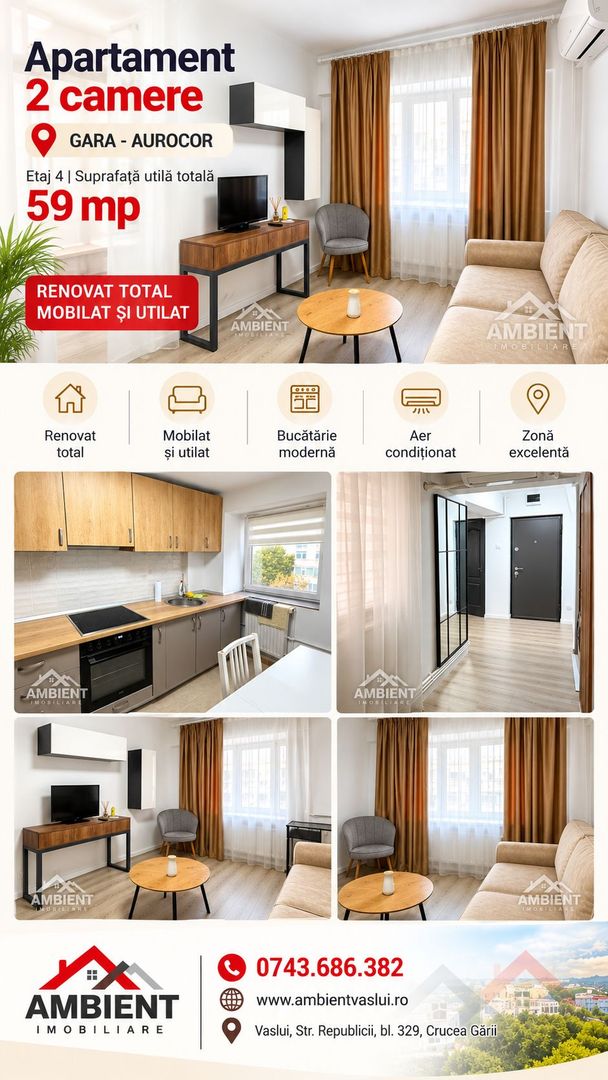 Apartament cu 2 camere, renovat, mobilat și utilat, VASLUI - zona AUROCOR-GARA; - Poză 1