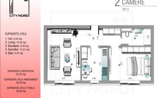 Apartament 2 camere - 56.04 mp - CITY NORD 1 Decembrie - Schiță 1