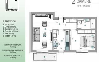 Apartament 2 camere - 64.4 mp utili - CITY NORD 1 Decembrie - Poză 1