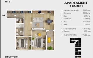 {5 minute Metrou} Apartament 3 camere - 2 bai | 75 mp - Schiță 10