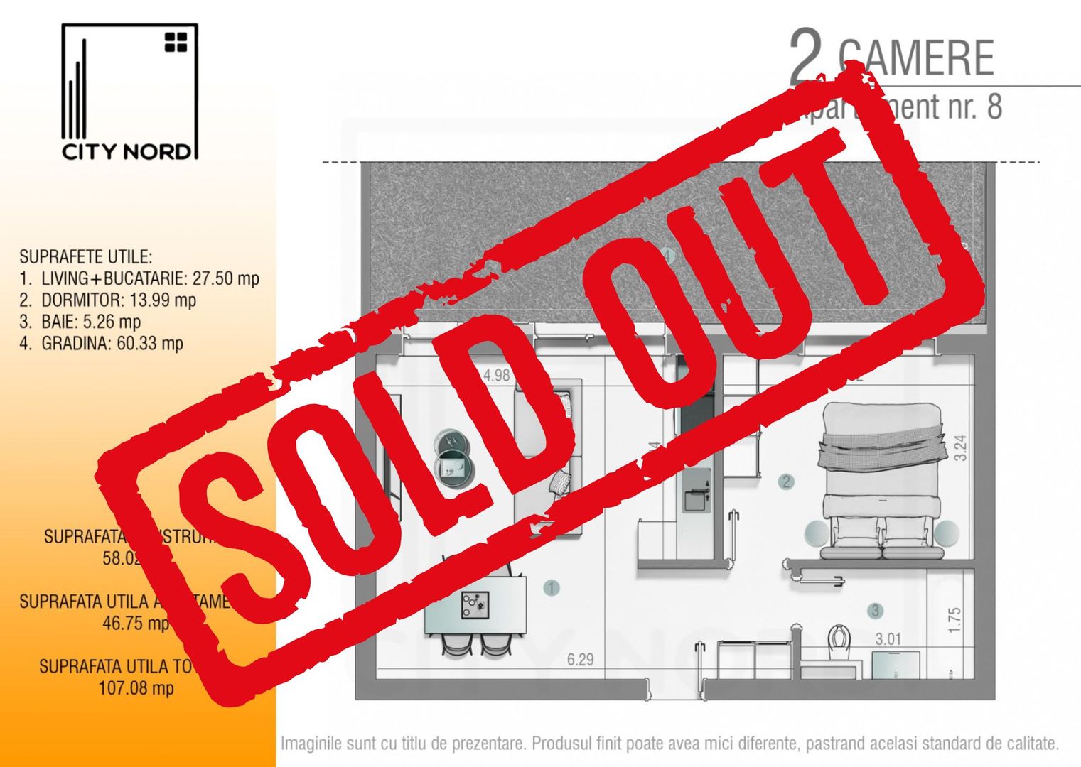 Apartament 8 – 2 camere – 46.7 mp – Grădină – Parter - Poză 1