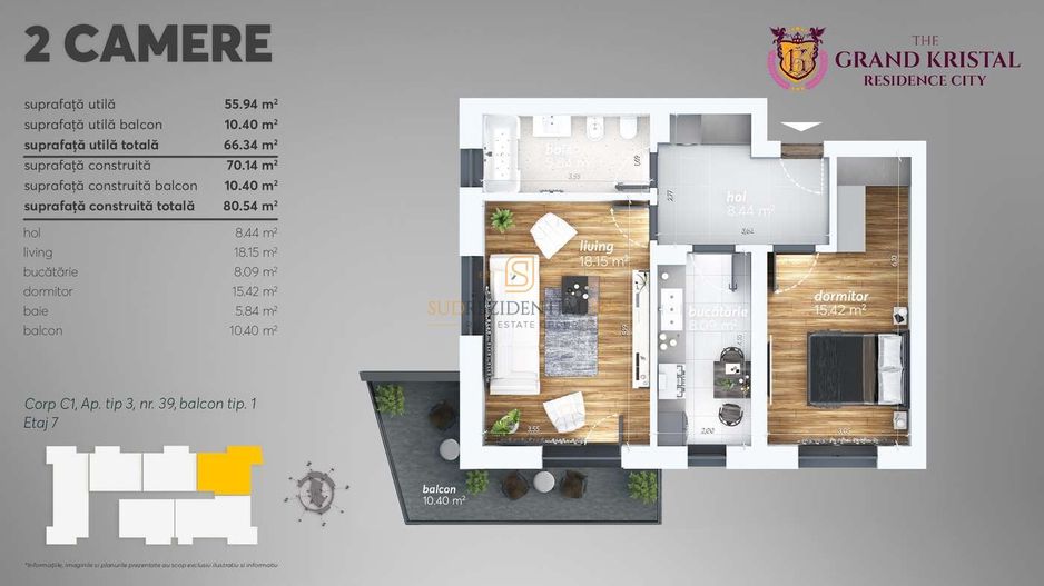 Apartament 2 camere decomandat – 55,94 mp utili + balcon 10,40 mp - Poză 15