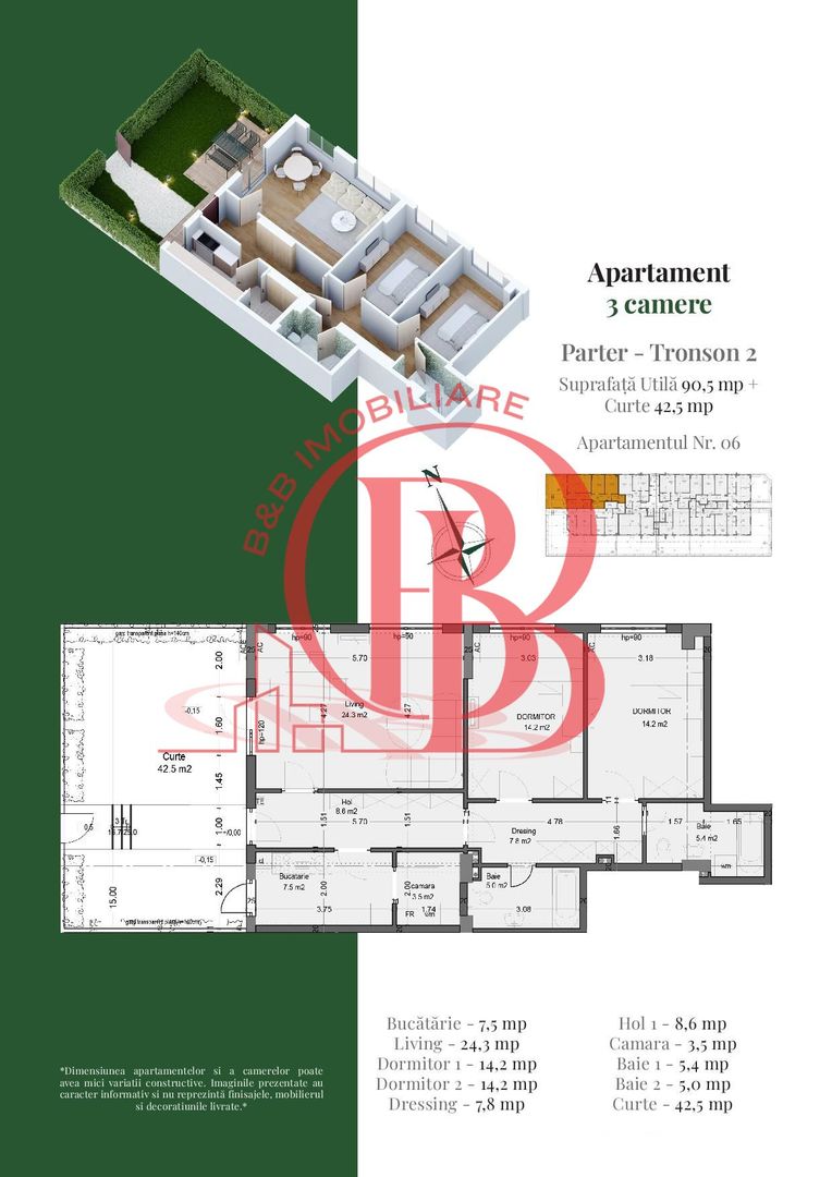 Apartament 3 camere Dormitoare 14mp Gradina Th. Pallady Metrou Teclu - Schiță 3