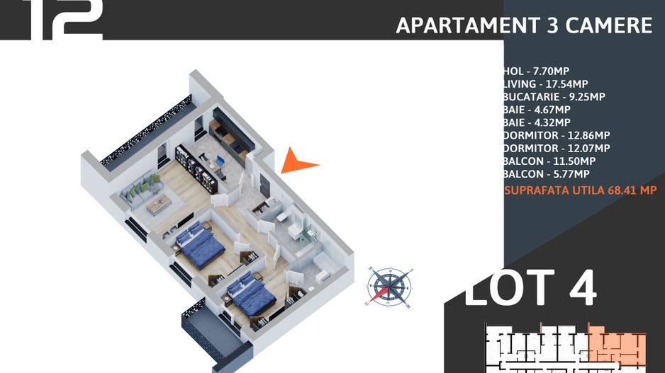 3 camere  2 bai decomandat parcare gratuita demisol - Schiță 1