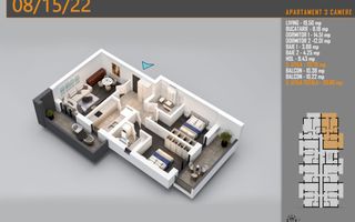 3 Camere, 92 mp, 2 Balcoane 21.78 mp | Pallady | Comision 0% - Poză 3