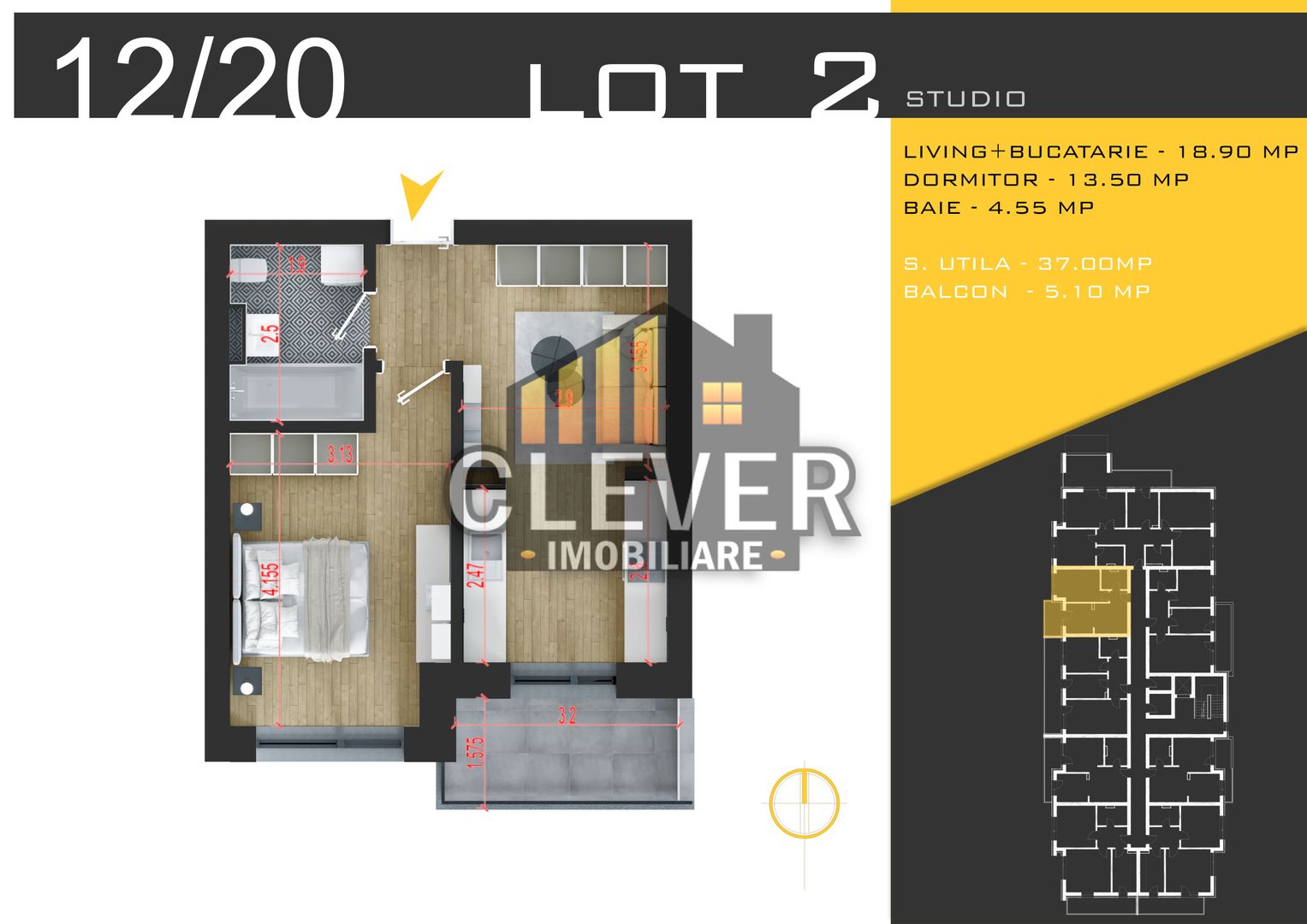 Studio | 42,1 mp | Dormitor Separat | Pallady | Comision 0% - Poză 1