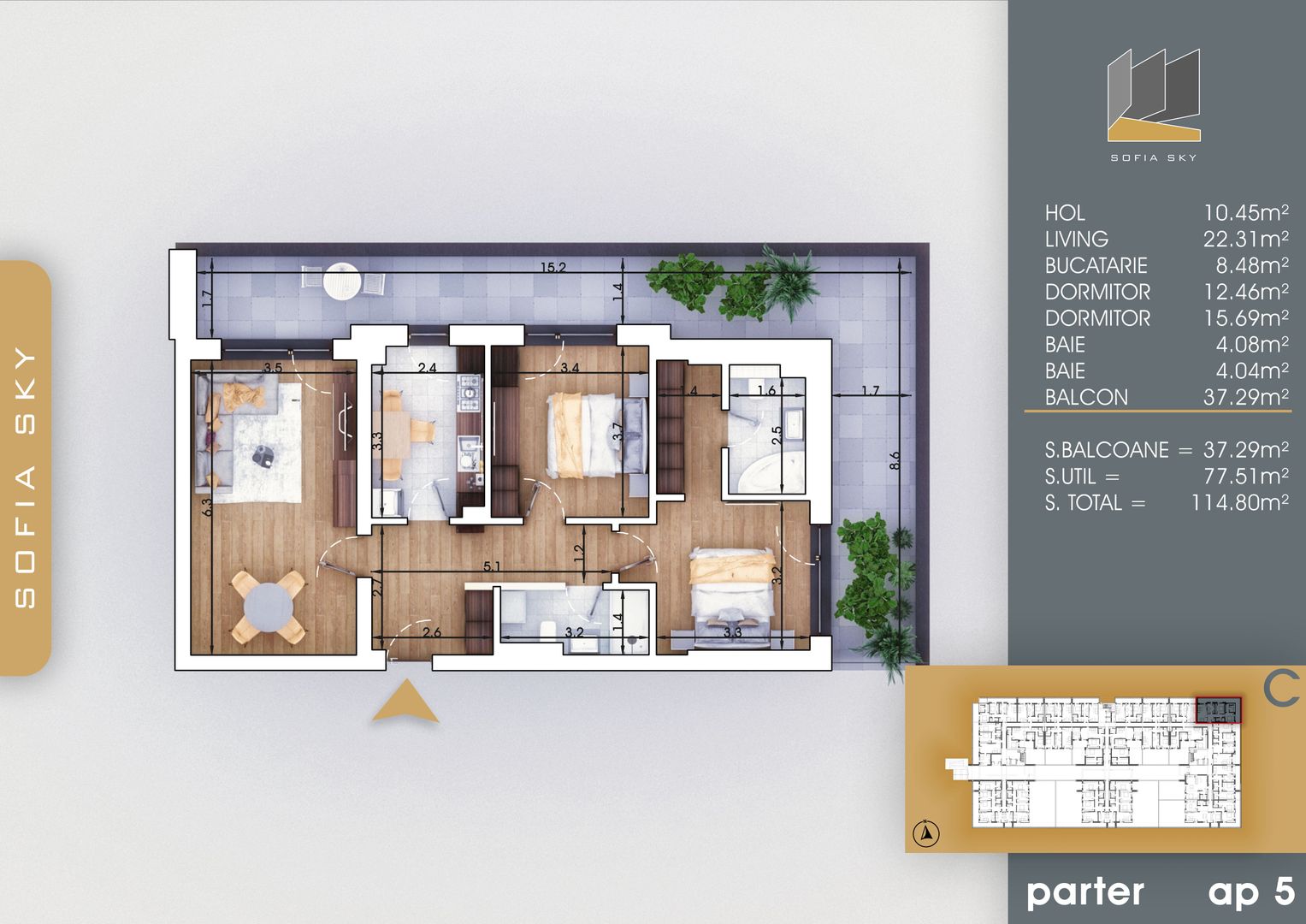 3 camere cu terasa Titan Pallady 700 metri Metrou Nic. Teclu - Schiță 1