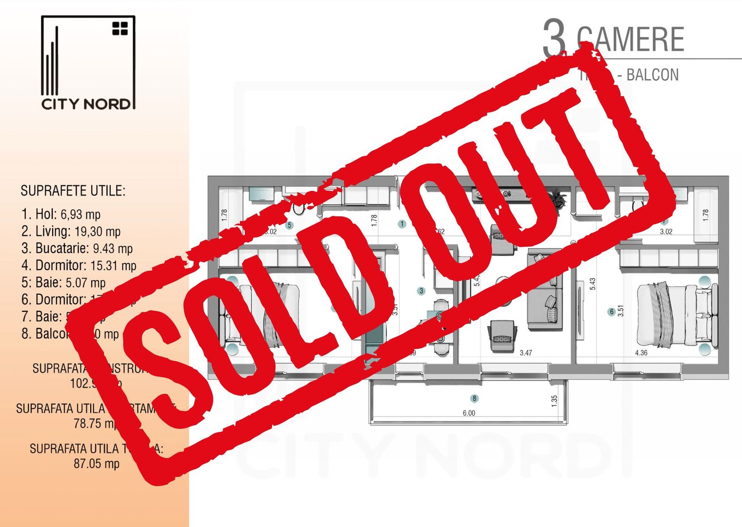 3 camere, 79.5 mp + balcon (Etaj 1 sau 2/3) - Poză 1