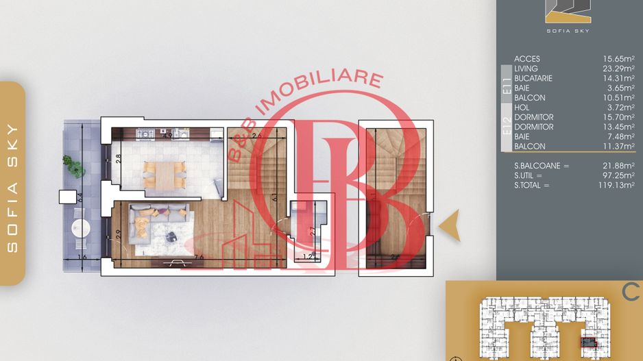 Duplex 3 camere cu 2 balcoane | Bucatarie Inchisa 14mp - Schiță 4