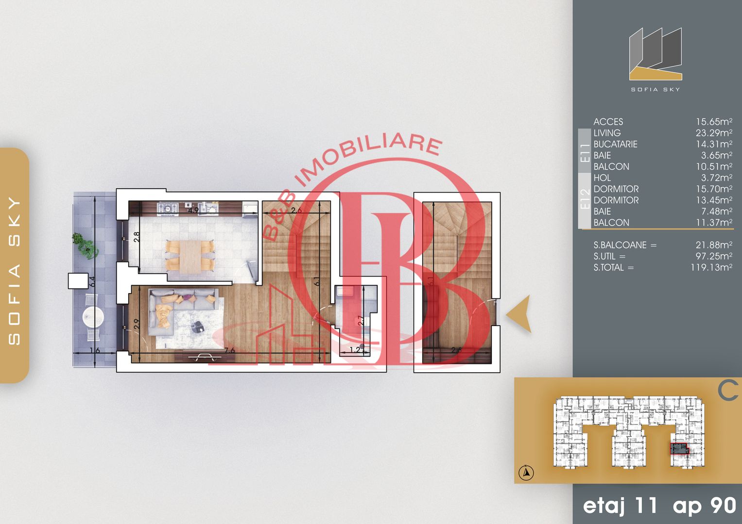 Duplex 3 camere cu 2 balcoane | Bucatarie Inchisa 14mp - Schiță 4