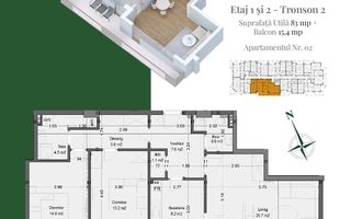 Apartament 3 camere Living 25mp Dressing Th. Pallady Metrou Teclu - Schiță 2