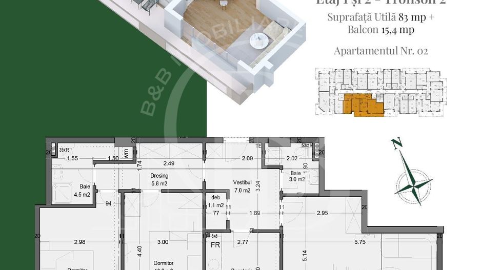 Apartament 3 camere Living 25mp Dressing Th. Pallady Metrou Teclu - Schiță 3