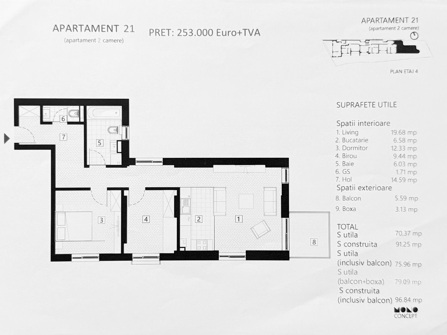 APARTAMENT 2 CAMERE + 9 MP BIROU | ZONA EMINESCU | DACIA - Schiță 6