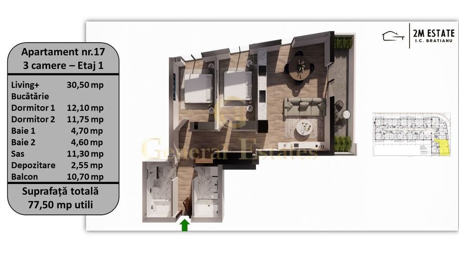 Apartament 3 camere, 76 mp utili + balcon, orientare Nord-Est - Poză 1