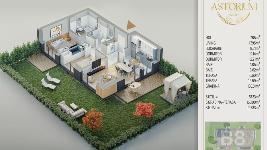 3 camere Premium 2 terase si gradina 150 mp Titan Pallady - Schiță 7