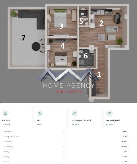 Apartament 3 camere, terasă 31 mp Otopeni central | parcare, comision 0 - Schiță 13