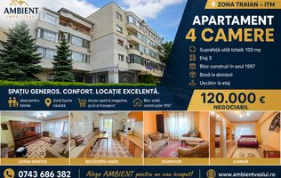 Apartament cu 4 camere, SC -133 mp, etaj 3, VASLUI - zona TRAIAN - ITM;