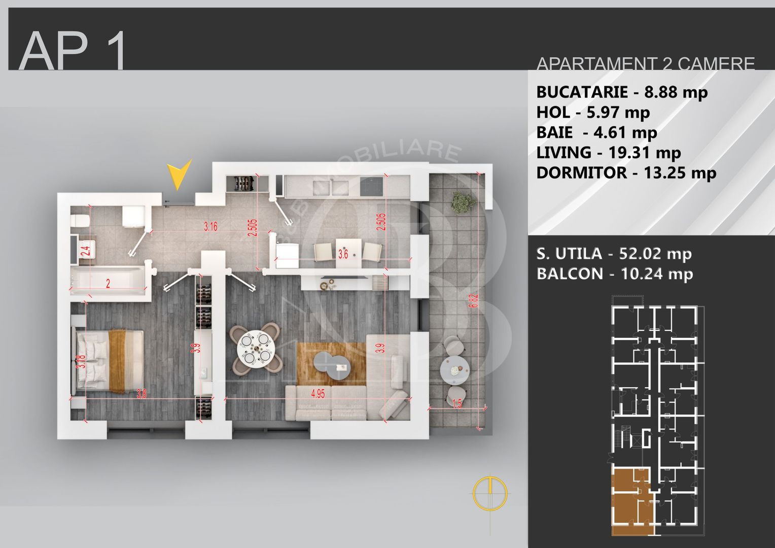 Apartament 2 camere bloc boutique parcul Teilor - Schiță 2