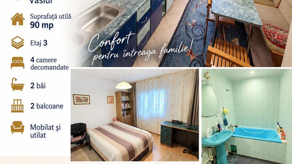 Apartament cu 4 camere, etaj 3, mobilat și utilat, VASLUI - GARĂ; - Poză 1