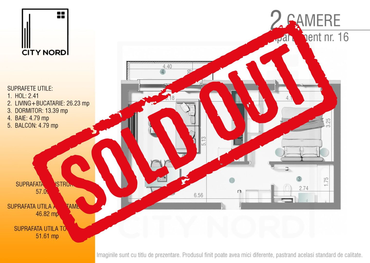 Apartament 16 / 28 – 2 camere – 46.8 mp – Balcon – Etaj 1 / Etaj 2 - Poză 1