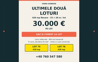 ULTIMELE DOUĂ LOTURI | 420 MP/lot | GAZ ȘI CURENT  VIDRA–BERCENI