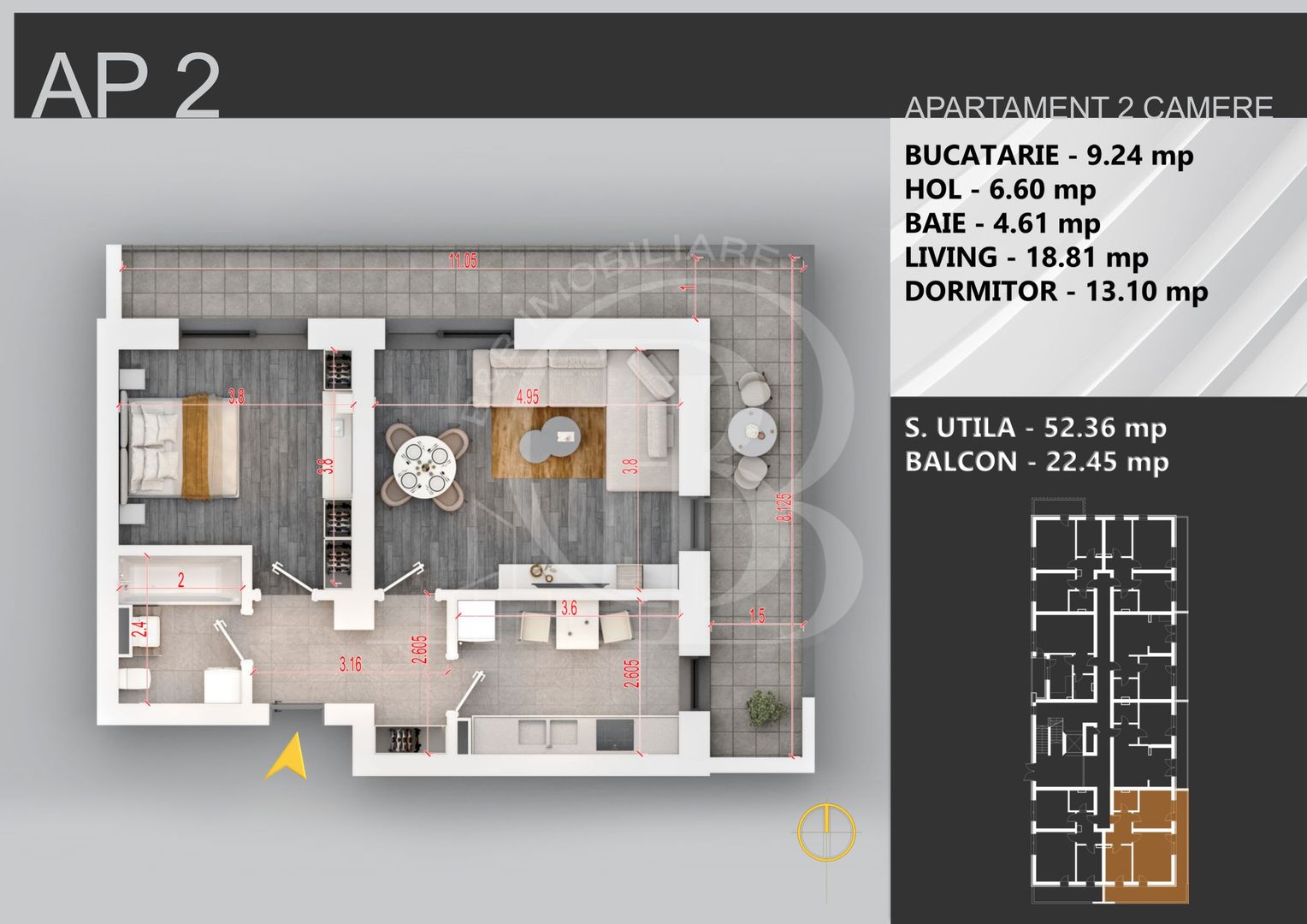 Apartament 2 camere bloc boutique Theodor Pallady - Schiță 2