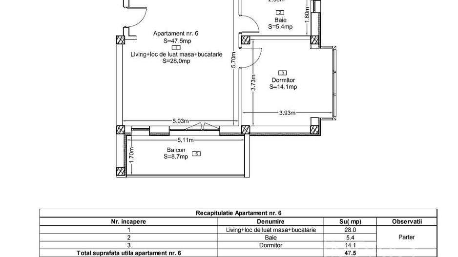 Apartament 2 Camere 47 mp | Bloc Nou | Baie cu Geam | Terra, Floresti - Schiță 3