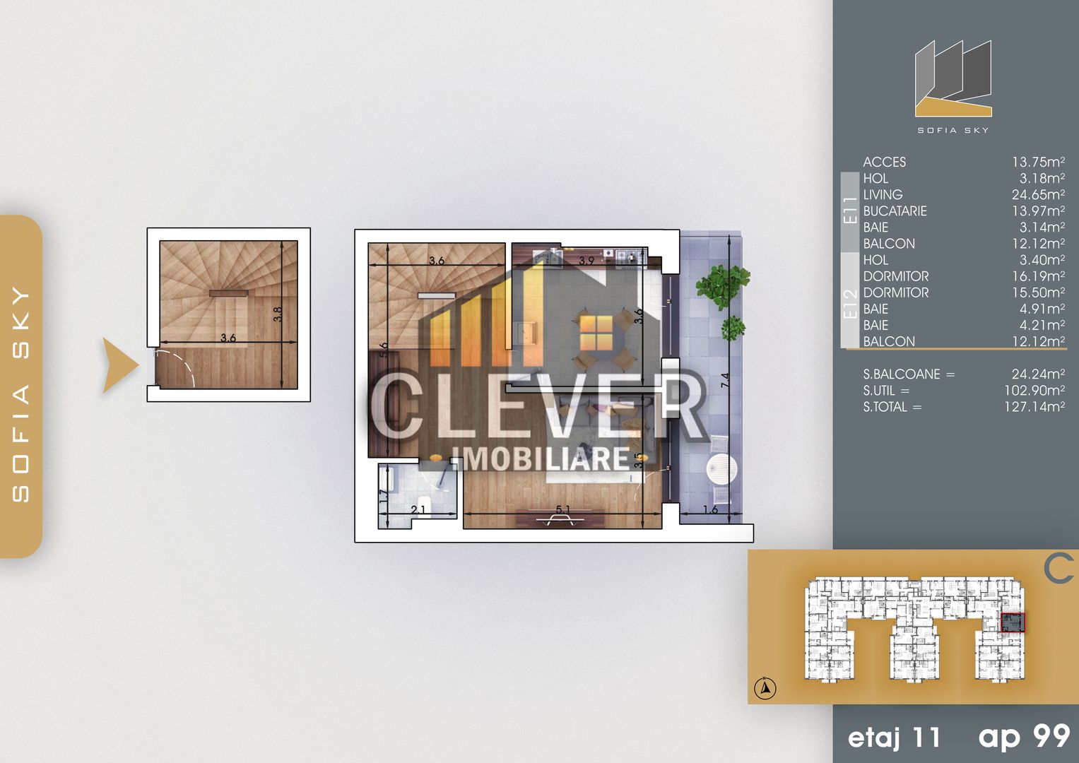 Duplex 3 camere cu 3 Bai-Bucatarie Inchisa-Pallady - Schiță 8