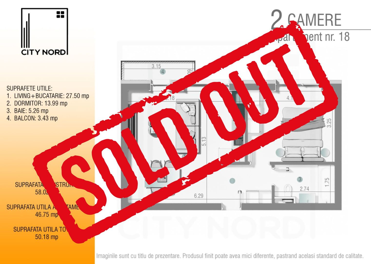 Apartament 18 / 30 – 2 camere – 46.7 mp – Balcon – Etaj 1 / Etaj 2 - Poză 1