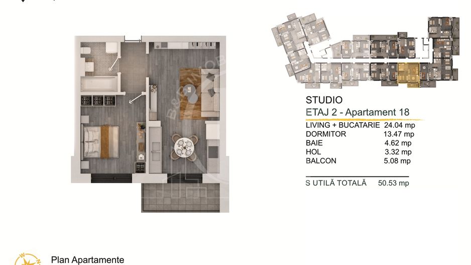 2 camere modern-Tip Studio Titan-Pallady Parcare Gratuita - Schiță 1