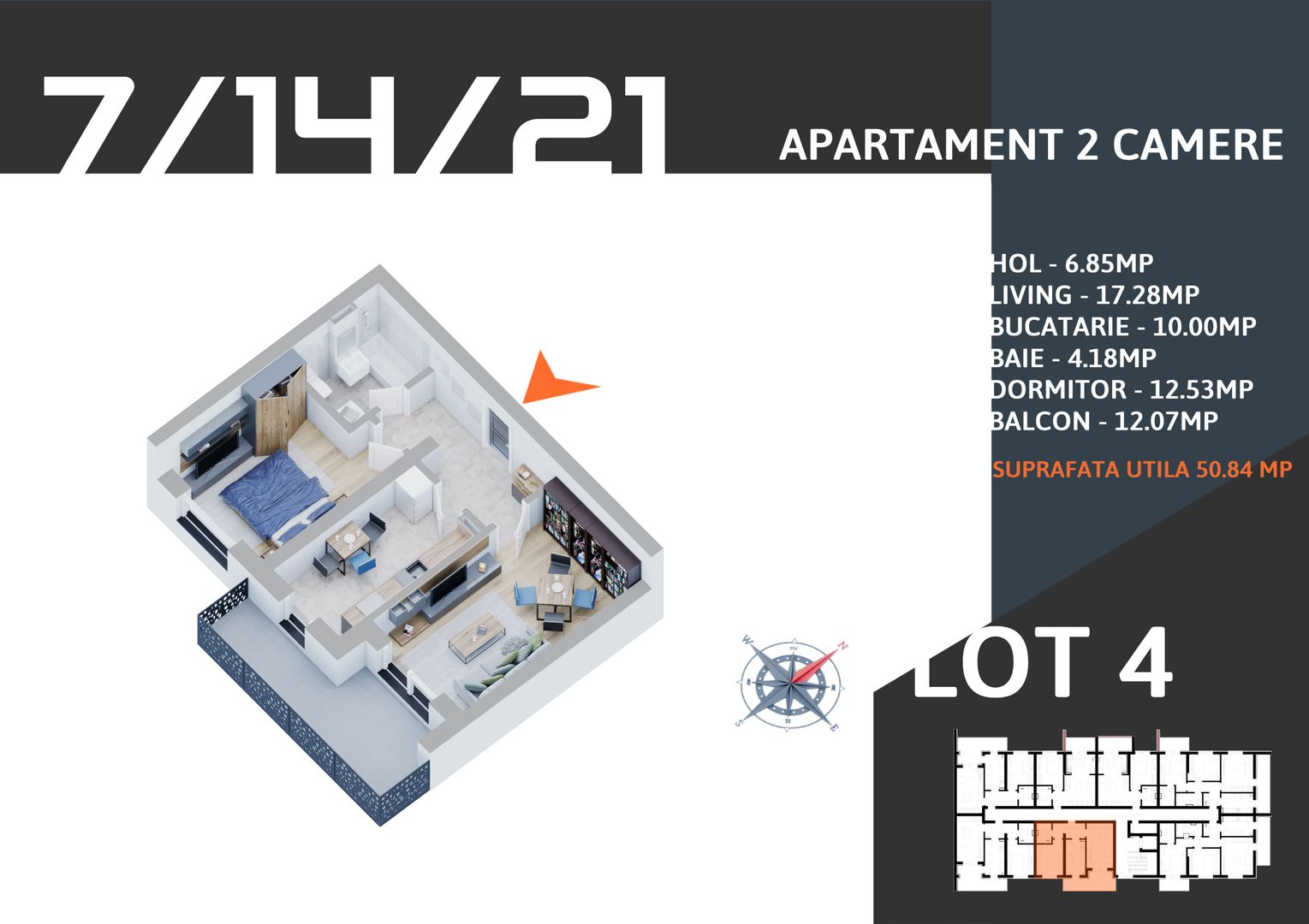 2 camere  decomandat parcare gratuita Metrou Teclu - Schiță 6