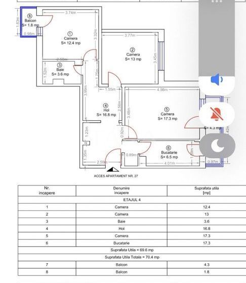 Apartament cu 4 camere, 70 mp, 3 dormitoare, 2 balcoane, La Terenuri. - Poză 8