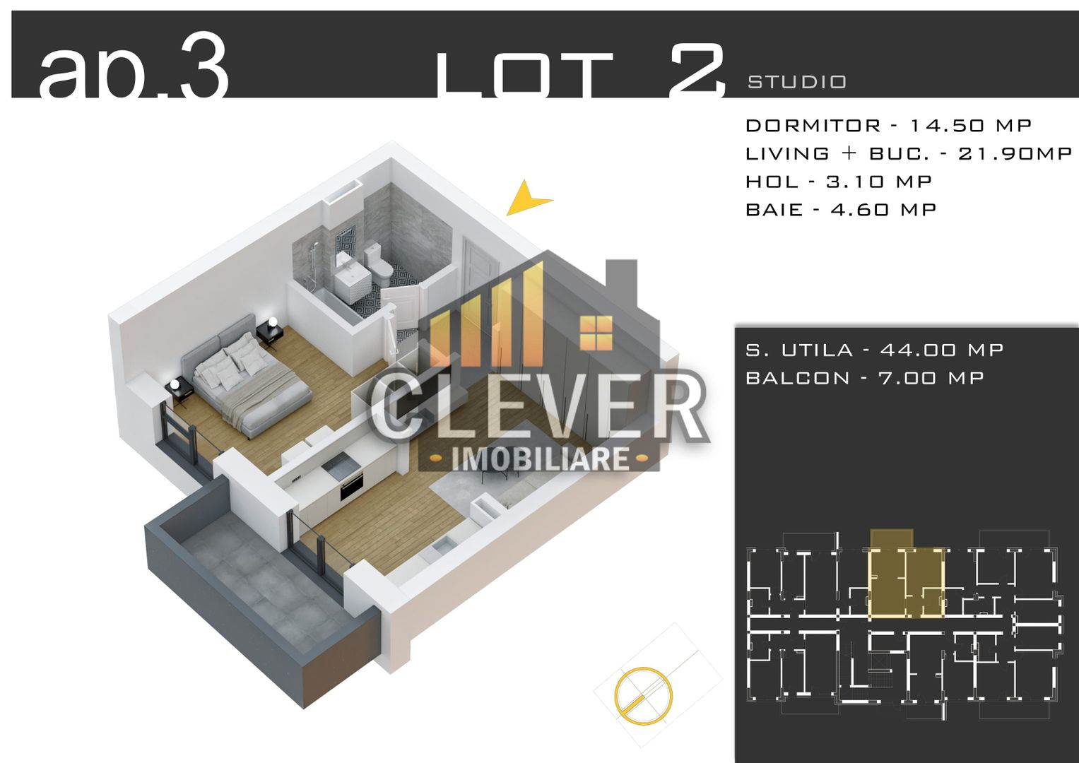 2 camere tip studio 44mp - Zona Pallady - Comision 0% - Schiță 11