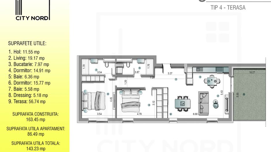 Penthouse 3 camere - 143 mp utili - CITY NORD 1 Decembrie - Schiță 1