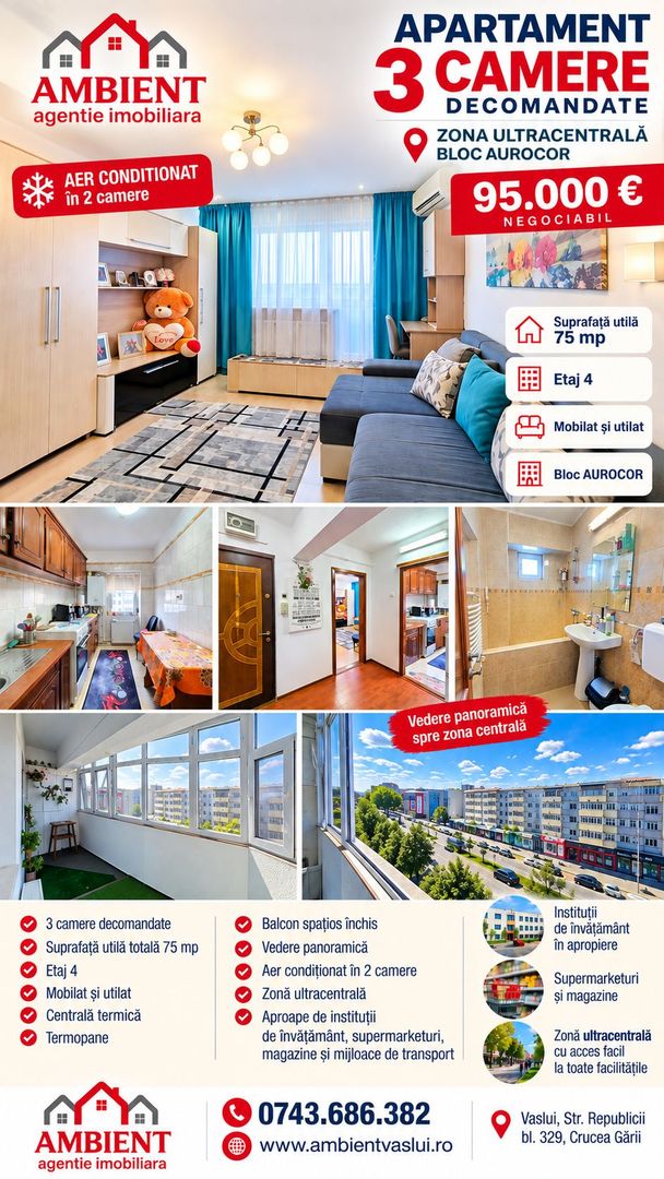 APARTAMENT CU 3 CAMERE, 75 MP, MOBILAT ȘI UTILAT – VASLUI, ULTRACENTRAL; - Poză 1