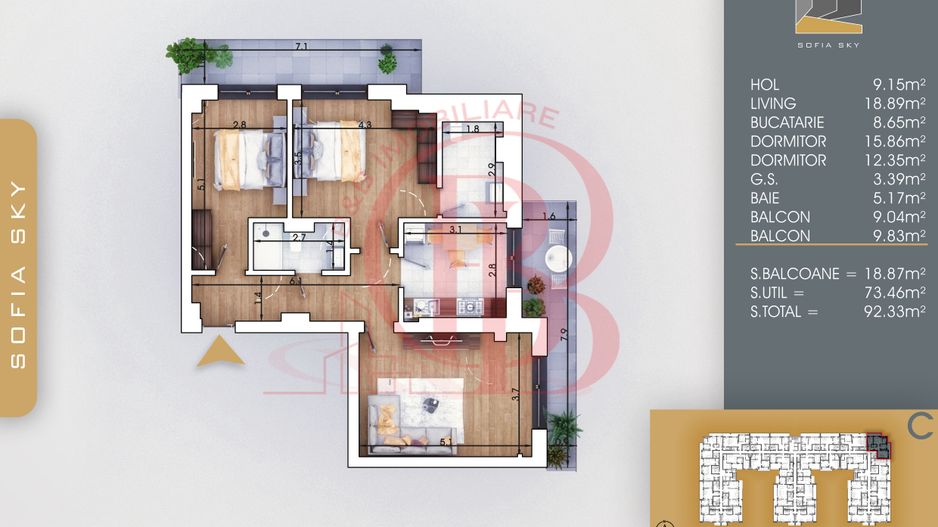 Apartament 3 camere Mutare Rapida-Acte Gata Th. Pallady - Schiță 2