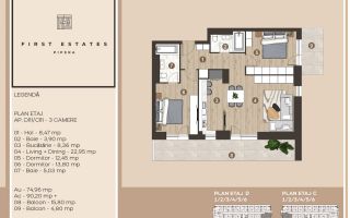 Vânzare, apartament, 3 camere, complexul First Estates Pipera - Schiță 3