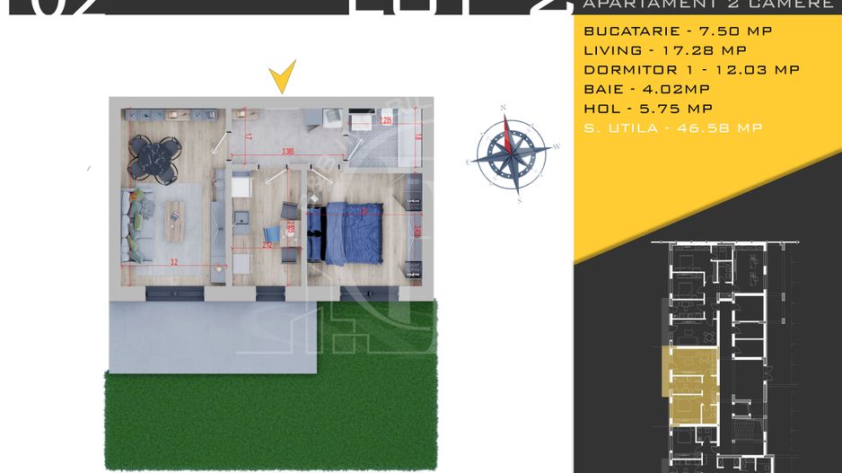 Apartament 2 camere cu Gradina-Finalizat-Theodor Pallady - Schiță 3