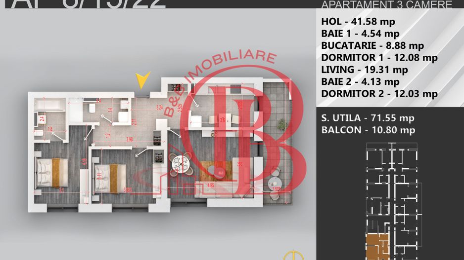3 camere decomandat bloc boutique 7min STB Bratarii - Schiță 9