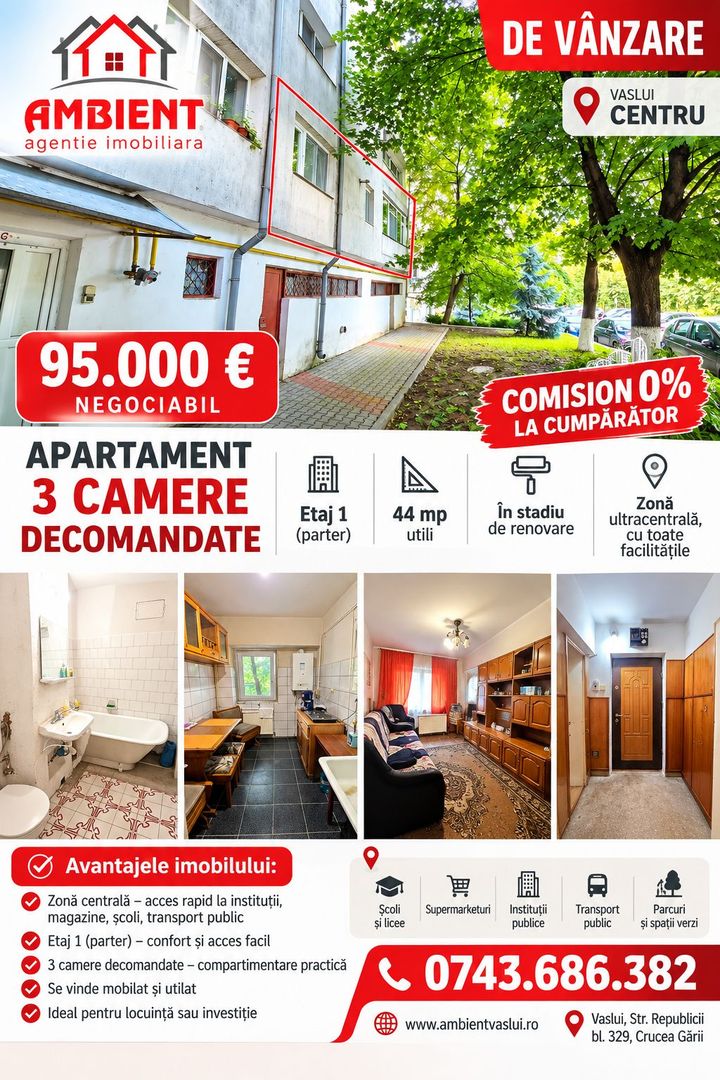 Apartament cu 3 camere, etaj 1 (parter cu demisol), VASLUI zona CENTRU; - Poză 1