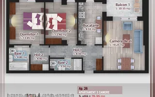 Apartament 3 camere Pallady, 93 m, 2 balcoane, Comision 0 - Schiță 14