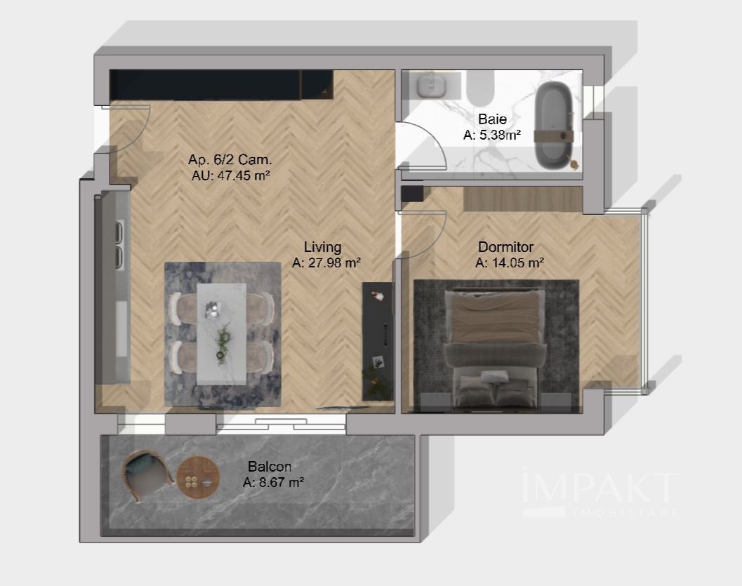 Apartament 2 Camere 47 mp | Bloc Nou | Baie cu Geam | Terra, Floresti - Schiță 2