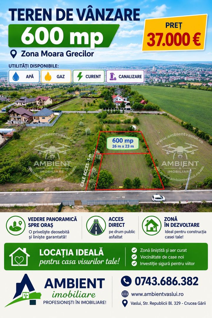 TEREN 600 mp, drum asfaltat, cu toate utilitățile, VASLUI-zona Moara Grecilor - Poză 1