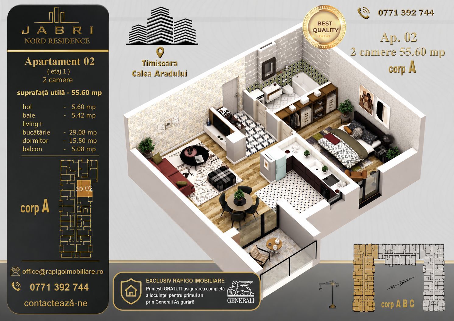 Apartament 02A, Corp A – 2 camere | 55,60 mp | Jabri Nord Residence - Poză 1