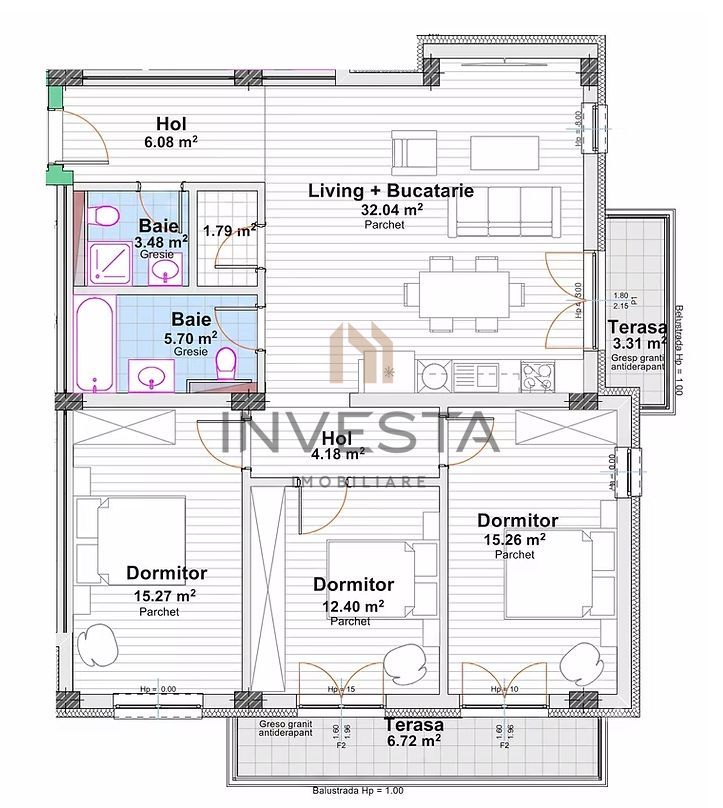 Apartament 4 camare, 96 mp utili si 2 terase, bloc nou, zona Marasti! - Schiță 2