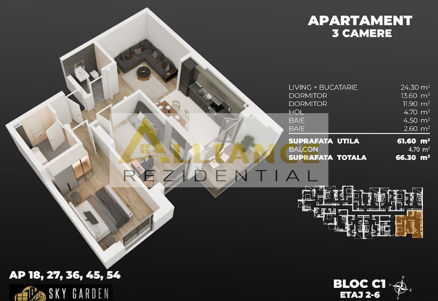 Sky Garden Pasarela Ap 3 camere cu 2 bai - Poză 13