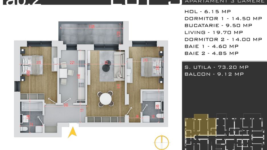 3 camere -parcare inclusa - proiect nou -Pallady - Schiță 14