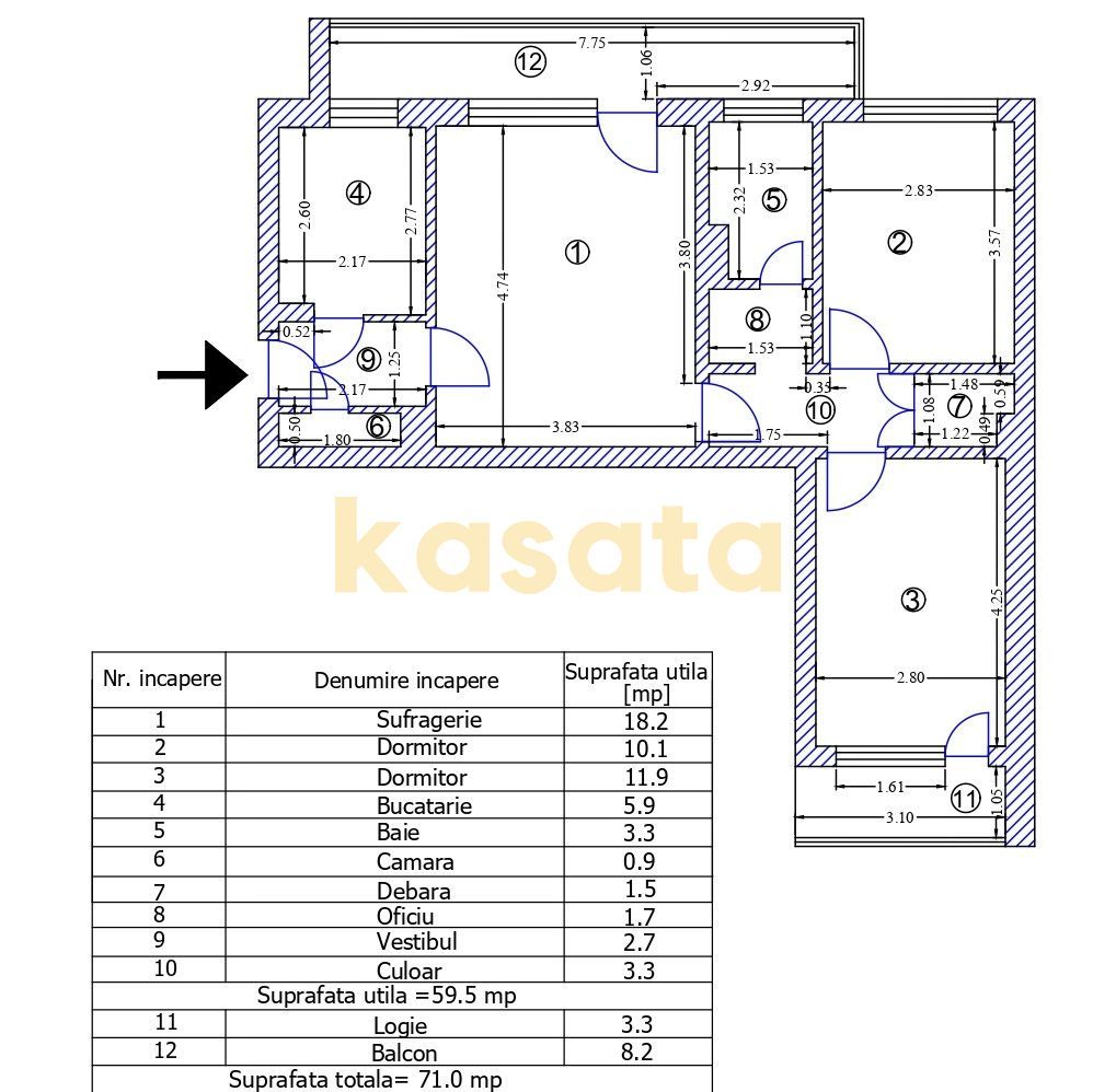 3 Camere 🏢| Etaj 2/10 ⬆️ | Centrală proprie 🔥 | Totul nou ✨ | Metrou - Schiță 15
