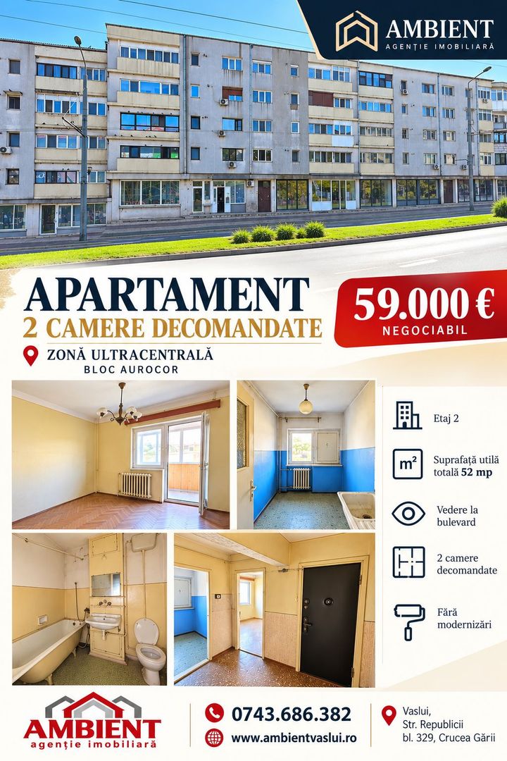 APARTAMENT 2 CAMERE DECOMANDATE, ETAJ 2, ULTRACENTRAL – BLOC AUROCOR; - Poză 1