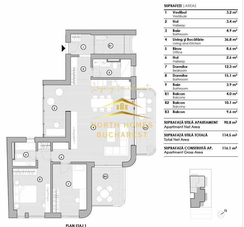 Apartament de 4 camere foarte luminos cu 3 terase - Domenii - Poză 18